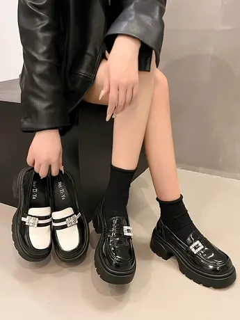 法式黑色厚底乐福鞋女英伦风2024新款春季鞋子粗跟日系单鞋小皮鞋商品大图