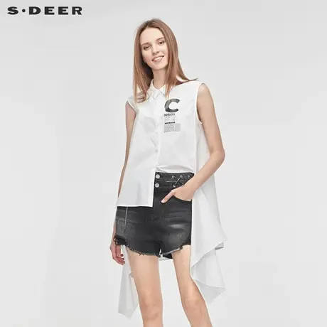 sdeer圣迪奥女装翻领暗门襟撞色字母不规则摆无袖衬衫S19280613商品大图