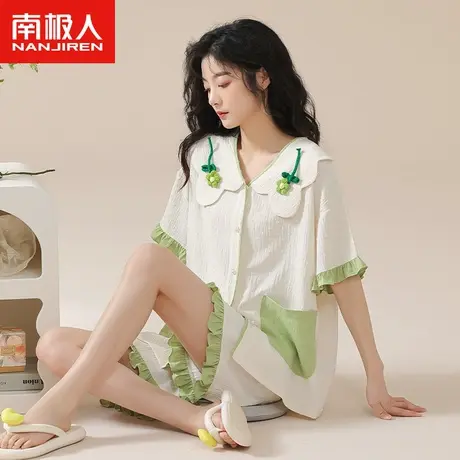 南极人睡衣女款夏季短袖短裤套装2023年新款娃娃领花卉甜美家居服图片