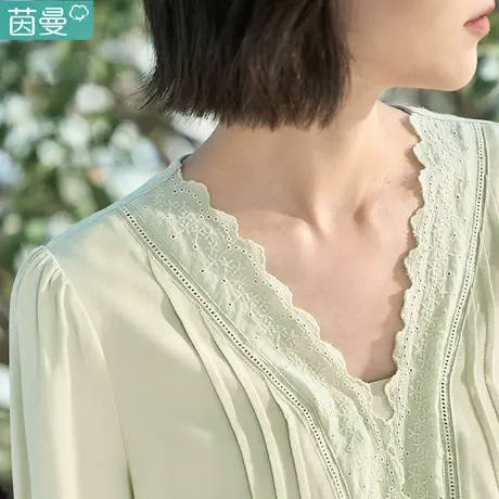茵曼旗舰店2023春女装新款简约通勤花边V领灯笼袖修身衬衫衬衣图片