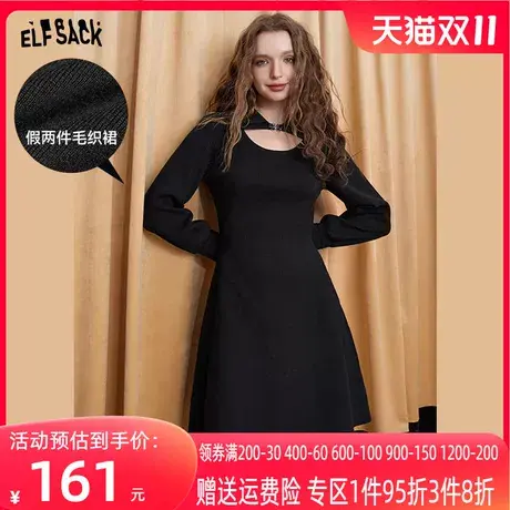 【商场同款】妖精的口袋假两件新中式连衣裙女2023秋季新款小黑裙图片