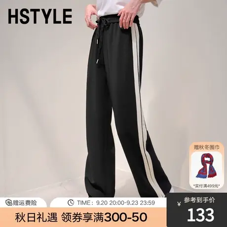 韩都衣舍2023秋冬运动休闲裤撞色条纹织带直筒裤HDK7004商品大图