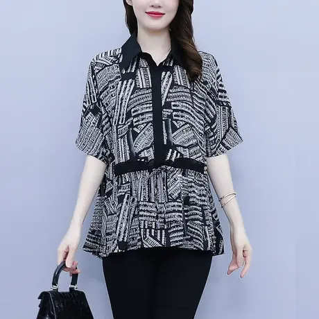 夏季新款大码女装短袖雪纺衬衫女洋气高贵减龄衬衣宽松遮肚女上衣商品大图