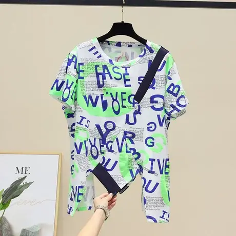 短袖t恤女小众设计韩版休闲宽松ins撞色不规则字母印花中长款上衣商品大图