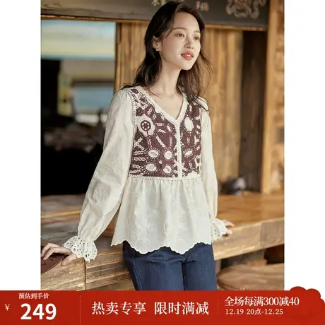 茵曼花朵假两件衬衣2023秋女装新款V领钩花泡泡袖长袖针织衫上衣商品大图