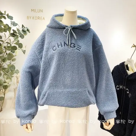 羊羔毛绒外套韩国东大门秋冬新款百搭字母宽松连帽加厚卫衣大码商品大图