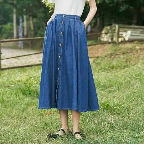 茵曼田园复古小众单排扣牛仔裙2023夏女装新款高腰显瘦大A摆伞裙图片