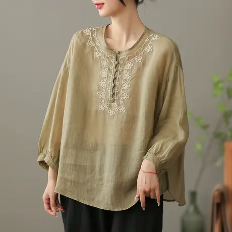 dza 文艺绣花苎麻女士衬衫2023夏季薄款套头衬衣气质漂亮棉麻上衣图片