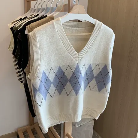 针织复古菱形马甲背心女通勤2022秋季百搭无袖小香风上衣宽松外穿商品大图