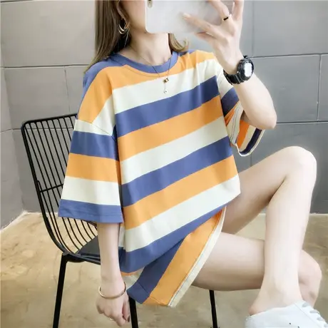 条纹ins短袖t恤女2023韩版宽松减龄学生原宿bf慵懒风温柔洋气上衣图片