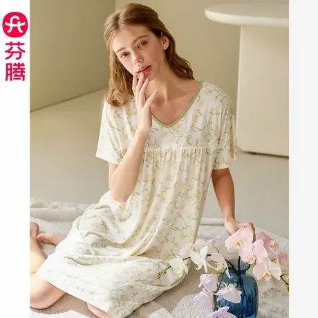 芬腾女士睡裙夏季短袖V领睡衣裙中裙女款宽松休闲薄款大码家居服图片