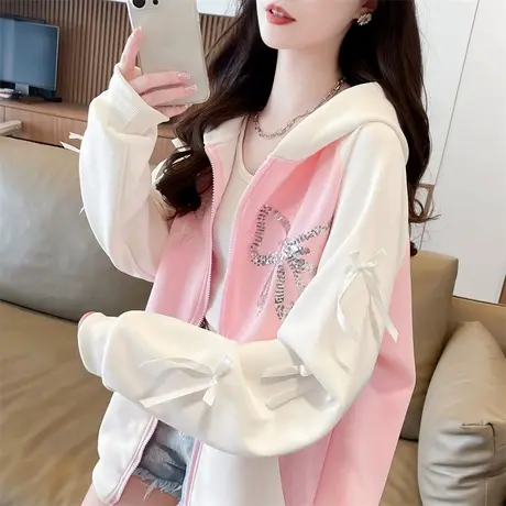 早秋设计感小众蝴蝶结外套女春秋季韩版宽松大码薄款撞色开衫卫衣商品大图