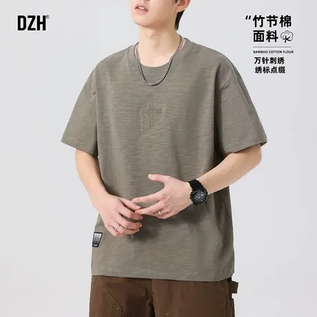 男士美式纯棉刺绣短袖t恤男2025新款卡其色透气运动上衣宽松半袖商品大图