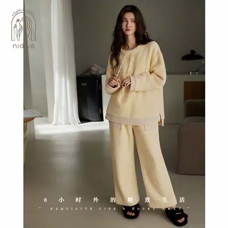 妮狄娅睡衣女冬保暖半边绒简约纯色套头款休闲外穿秋冬家居服套装商品大图