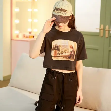 唐狮短款上衣水洗做旧效果短袖T恤夏季圆领短袖T恤女美式复古潮图片