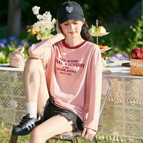 唐狮女长袖t恤秋季新款撞色拼接上衣女宽松百搭设计感打底衫商品大图