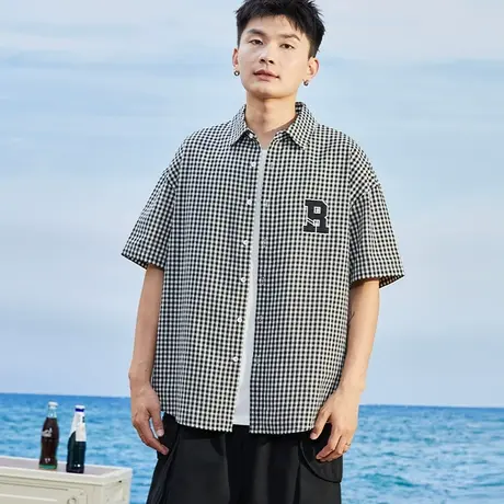 唐狮夏新款黑白格子衬衫男翻领文字小格纹短袖复古上衣外套图片