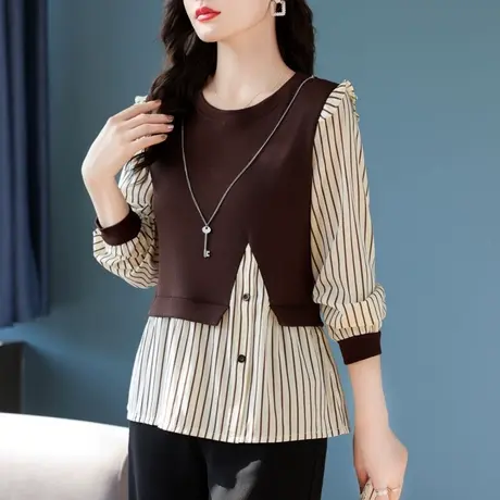 早秋上衣女新款针织衫女装假两件穿搭2023冷淡系独特别致撞色条纹商品大图