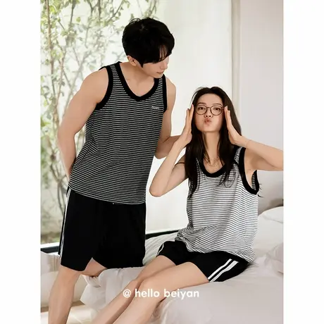 贝妍纯棉无袖情侣睡衣女夏季薄款条纹家居服男士背心短裤运动套装商品大图
