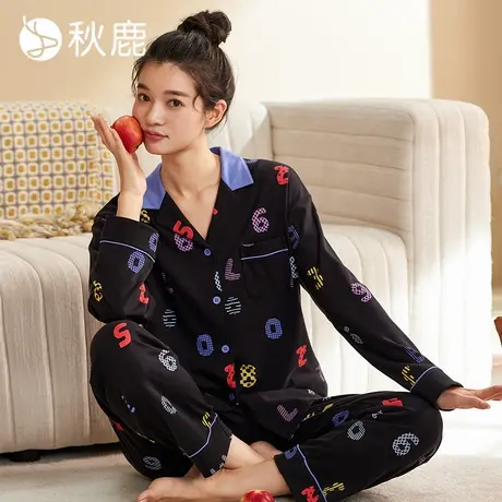 秋鹿【超柔软】纯棉睡衣女秋季印花黑色长袖长裤可外穿家居服套装商品大图