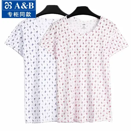 ab女圆领纯棉短袖T恤中老年人全棉汗衫妈妈装宽松大码加肥女睡衣图片