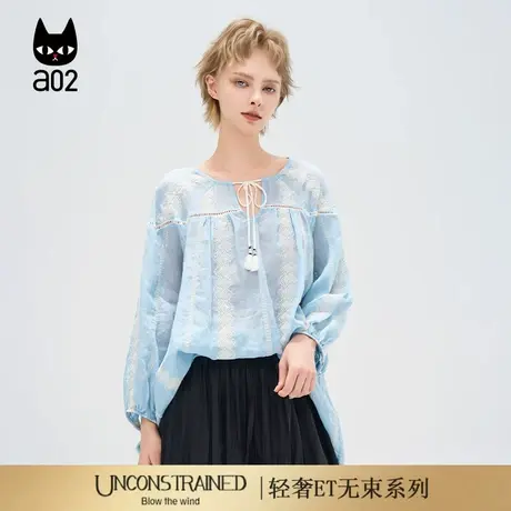 a02【ET自然系列】慵懒风文艺小衫女2025新款夏季苎麻上衣衬衫商品大图
