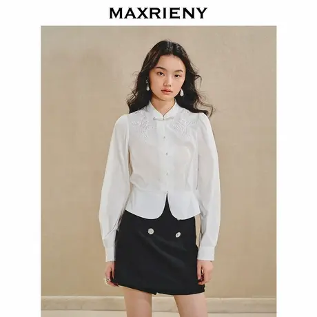 【奥莱】MAXRIENY清新中式衬衫女刺绣编织带上衣收腰开叉商品大图