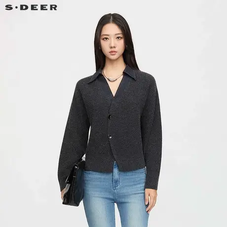 sdeer圣迪奥女装25年秋新品休闲翻领撞色拼接开衫针织衫S253Z3512图片