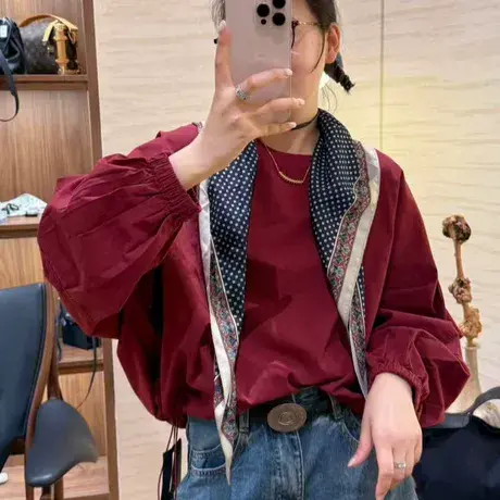 韩系贴标抽绳衬衣女2025秋季新款时尚百搭潮流显瘦洋气休闲卫衣商品大图