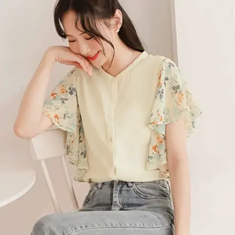 桔熊夏季韩版气质浪漫印花荷叶袖拼接v领衬衫上衣女神大码AB17039商品大图