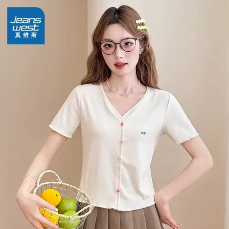 LW真维斯女装2025夏季新款 韩系潮流小众简约设计感V领针织T恤图片