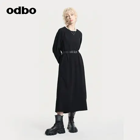 odbo/欧迪比欧秋季连衣裙女长袖圆领简约设计感裙子原创设计长裙商品大图