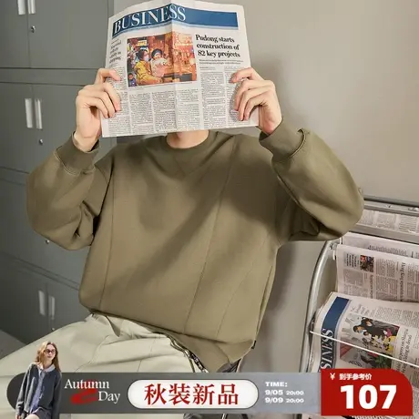 唐狮2025新款春秋季男士卫衣圆领基础简约净色分割设计感上衣男商品大图