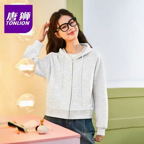 唐狮灰色连帽卫衣女2025新款秋季女士短款拉链开衫早秋外套女VB商品大图