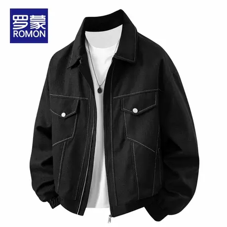 罗蒙复古工装夹克男春秋季痞帅翻领纯色休闲上衣服潮牌飞行员外套商品大图