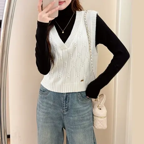 唐狮秋冬季女毛衣设计感绞花V领套头马甲短款背心简约毛线衫tu图片