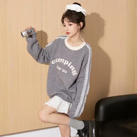 唐狮秋冬新款毛衣女圆领撞色间条前胸文字毛线衫百搭上衣潮TD图片