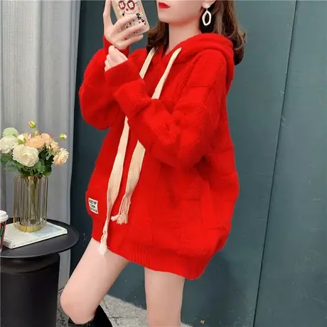 新年红色设计感连帽毛衣女2021秋冬新款宽松慵懒风加厚针织衫外套商品大图