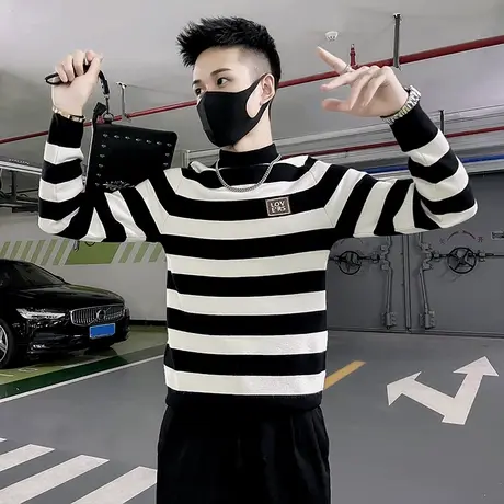 撞色条纹毛衣男秋冬新款潮流修身打底针织衫休闲潮牌半高领线衣商品大图