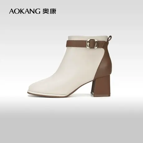 【门店发货】奥康女鞋 2023冬季新款羊皮加绒靴子拼色粗跟短靴子图片