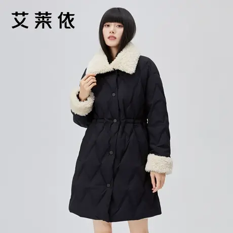 艾莱依甜美羽绒服女款新款仿羊羔绒翻领肌理感中长款冬季时尚外套图片