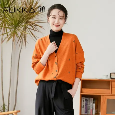 蒲PUKKA 针织开衫桔红单排扣V领毛针织衫修身显瘦小外套女冬款图片