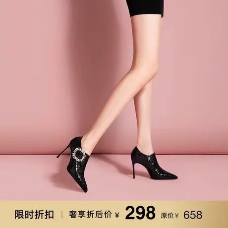 熙漫2023秋冬新款经典及踝靴气质尖头细跟时尚水钻漆皮深口单鞋女图片