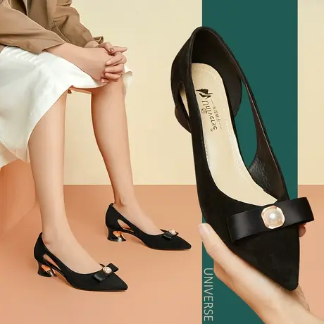 浓情漫宇年新款气质粗跟黑色手工舒适真皮女鞋丝带装饰温柔鞋商品大图