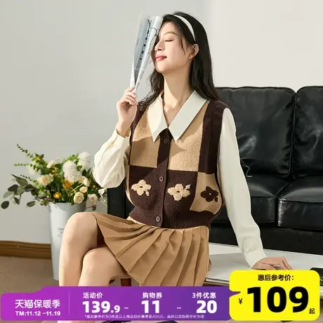 唐狮2023秋季新款长袖衬衫女假两件拼接撞色毛线衫学院风外穿潮DY商品大图