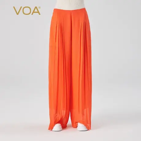 VOA桑蚕丝乔其纱橙红色自然腰口袋简约百搭褶皱直筒真丝阔腿裤女商品大图