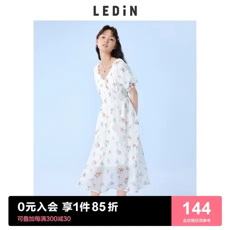 乐町V领印花连衣裙碎花欧根纱2023春夏女收腰白泡泡袖长裙子商品大图