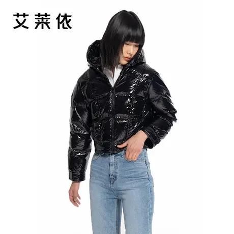 艾莱依反季羽绒服女 时尚连帽亮面个性炸街高级感魔术贴 短款外套图片