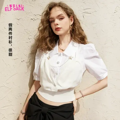 妖精的口袋假两件白色短款衬衫女2023夏季新款短袖小个子设计感潮图片