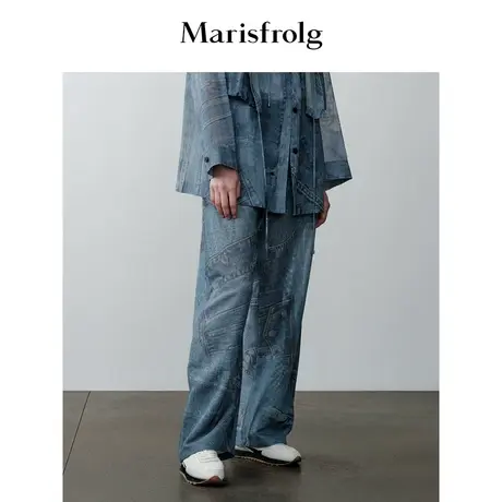 【商场同款】玛丝菲尔秋季新款牛仔蓝高腰复古印花阔腿裤商品大图